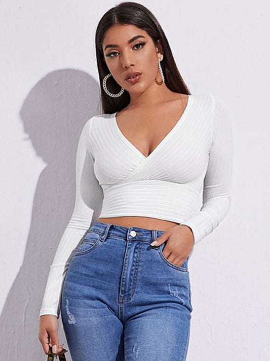 V-Neck Long Sleeve Crop Top